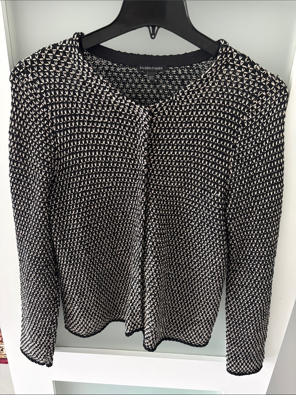 Eileen Fisher Black & White Open-Front Textured Knit Cardigan